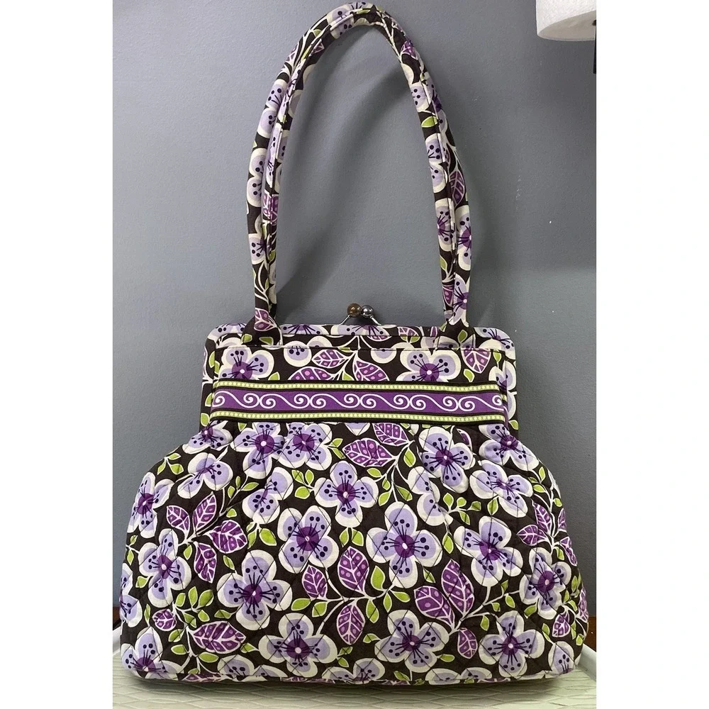 Vera Bradley Eloise-Plum Petals-Hand Bag Purse Kiss-Lock Double Straps W/Wallet